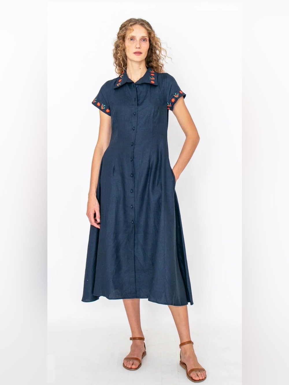 KULE X FANM MON Navy Midi Button-Front Dress with Red Floral Embroidered Trim